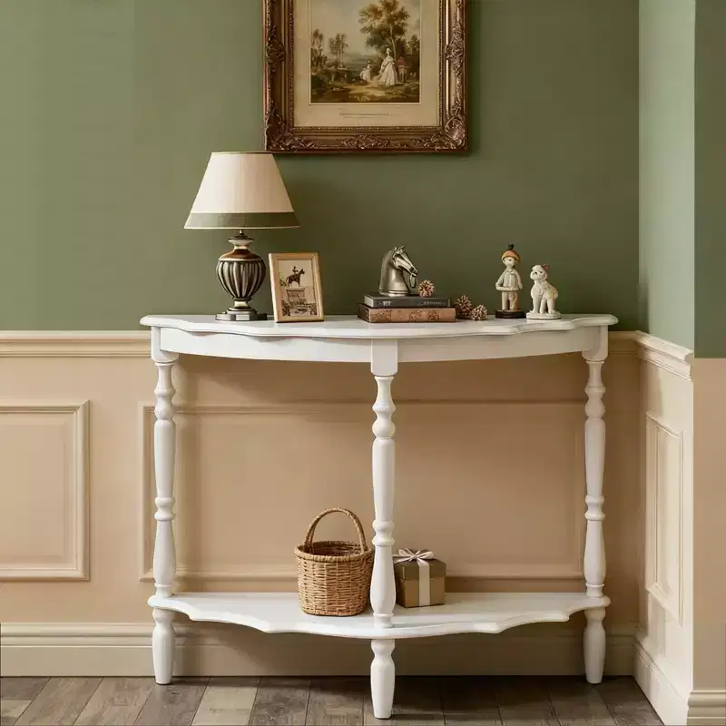 Hostack 42'' Retro Curved Console Table with Cloud Design Top and Open Shelf Solid Wood Frame and Legs, Milk White