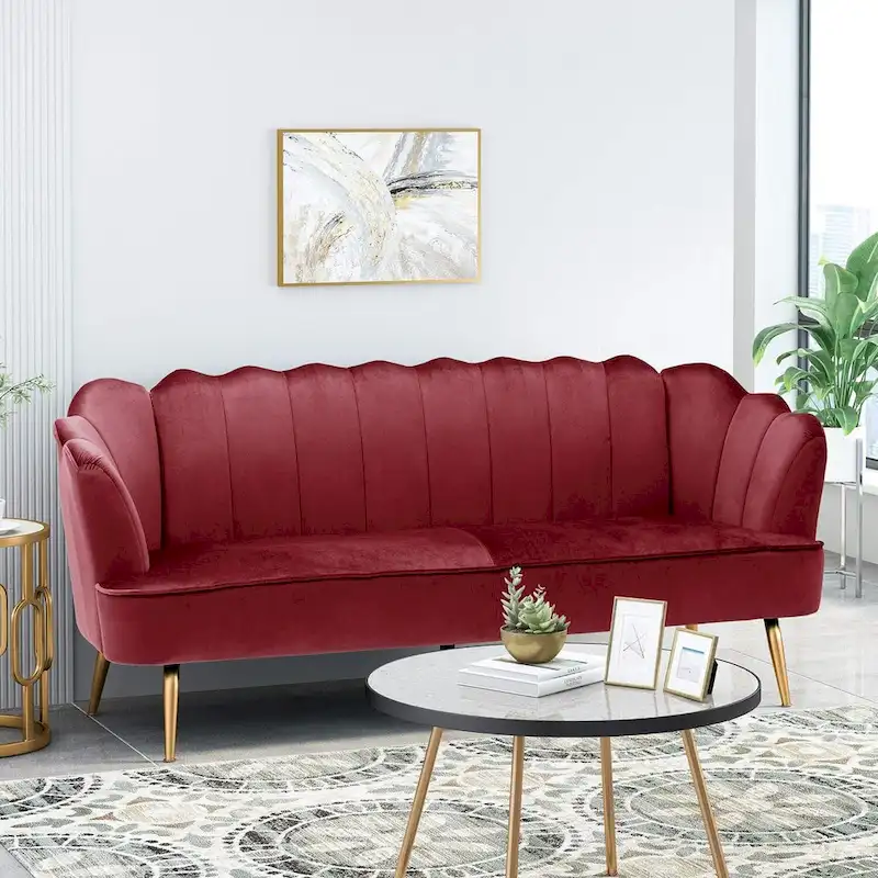 Velvet Channel Stitched 3-Seater Sofa with Gold Metal Legs