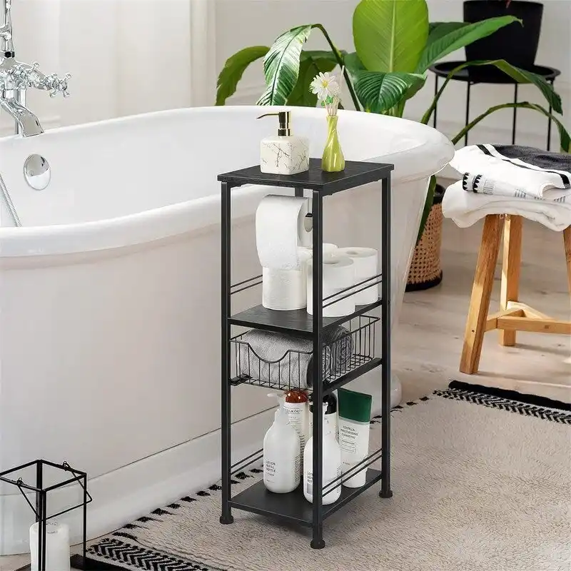Freestanding Bathroom Storage Cabinet with Drawer & Toilet Paper Holder — Black / Rustic / Oak, 1-Person Assembly