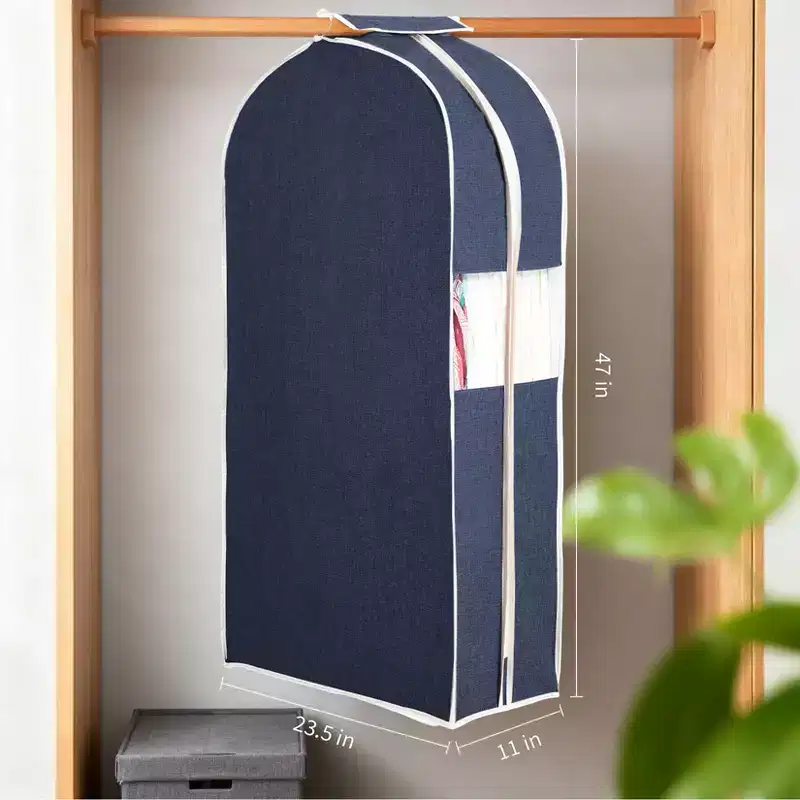 3 Pack 47 Cotton Linen Garment Bags, Hanging Storage with Clear Window & 10 Gusset, Breathable Dust Cover for Suits, Jackets, Coats, Navy