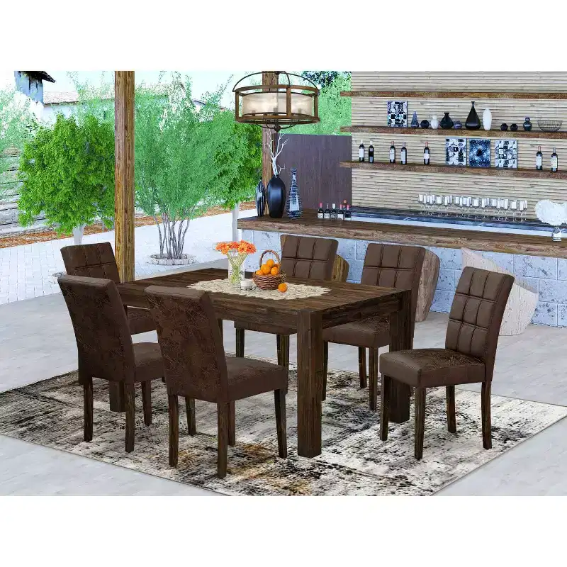 HomeStock 7-Piece Rectangle Distressed Jacobean Finish Solid Wood Top Dining Table with 6 Chairs