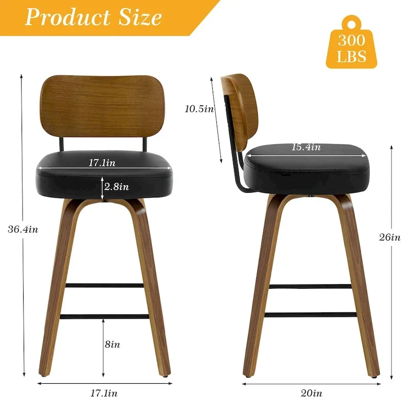 26-Inch Upholstered Swivel Counter Height Bar Stools - 36.4 H x 17.1 W x 20 D