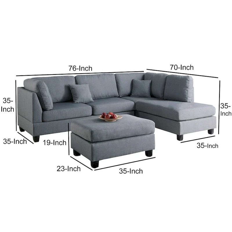 Linen Fabric 3 Pieces Sectional In Gray