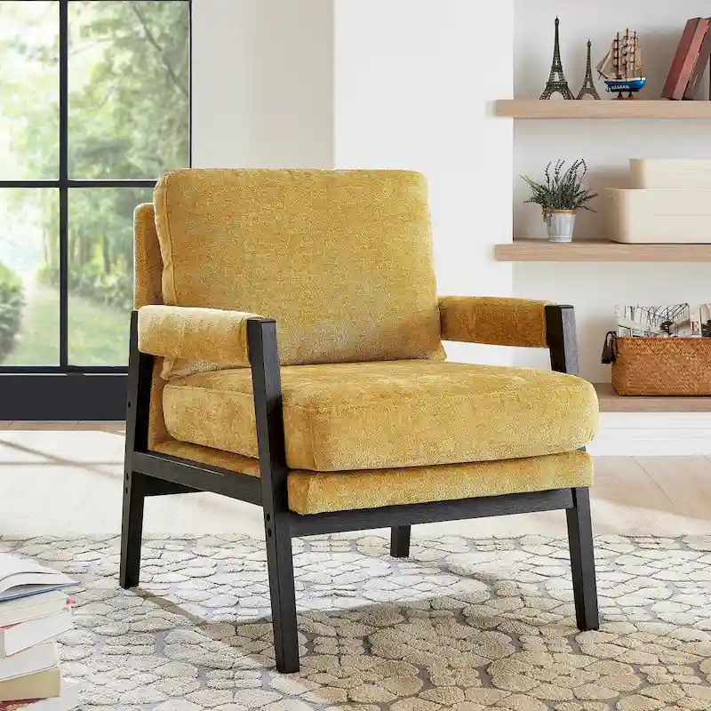 Mid-Century Modern Chenille Upholstered Accent Armchair with Removable Back Cushion