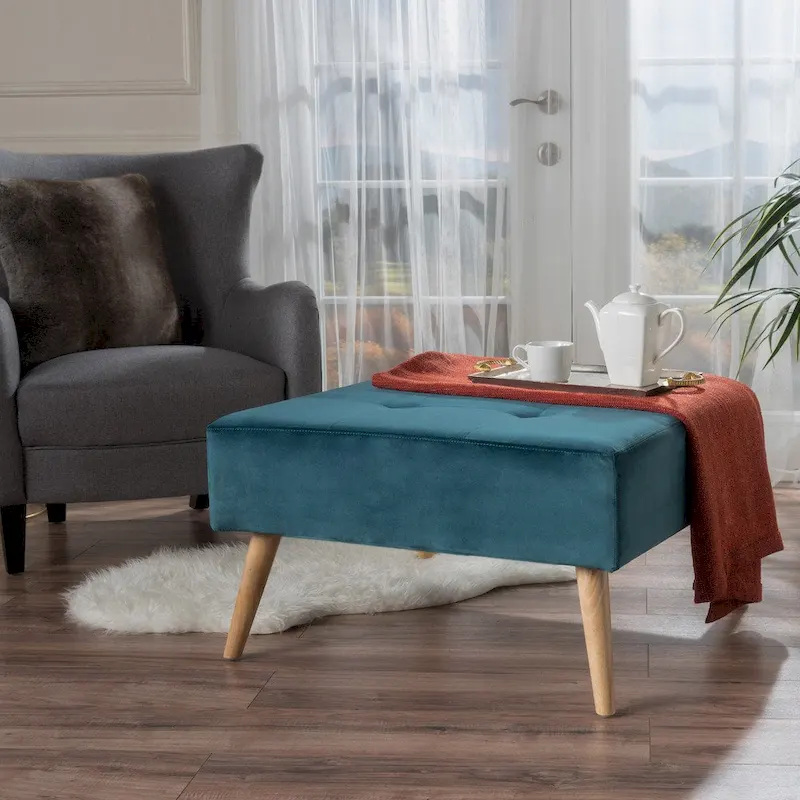Mid-Century Velvet Ottoman – Teal / Grey, Single Seat