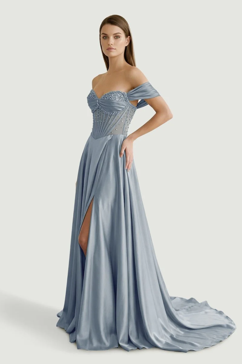 Sage Off The Shoulder A Line Satin Beaded Prom Dresses With Slit