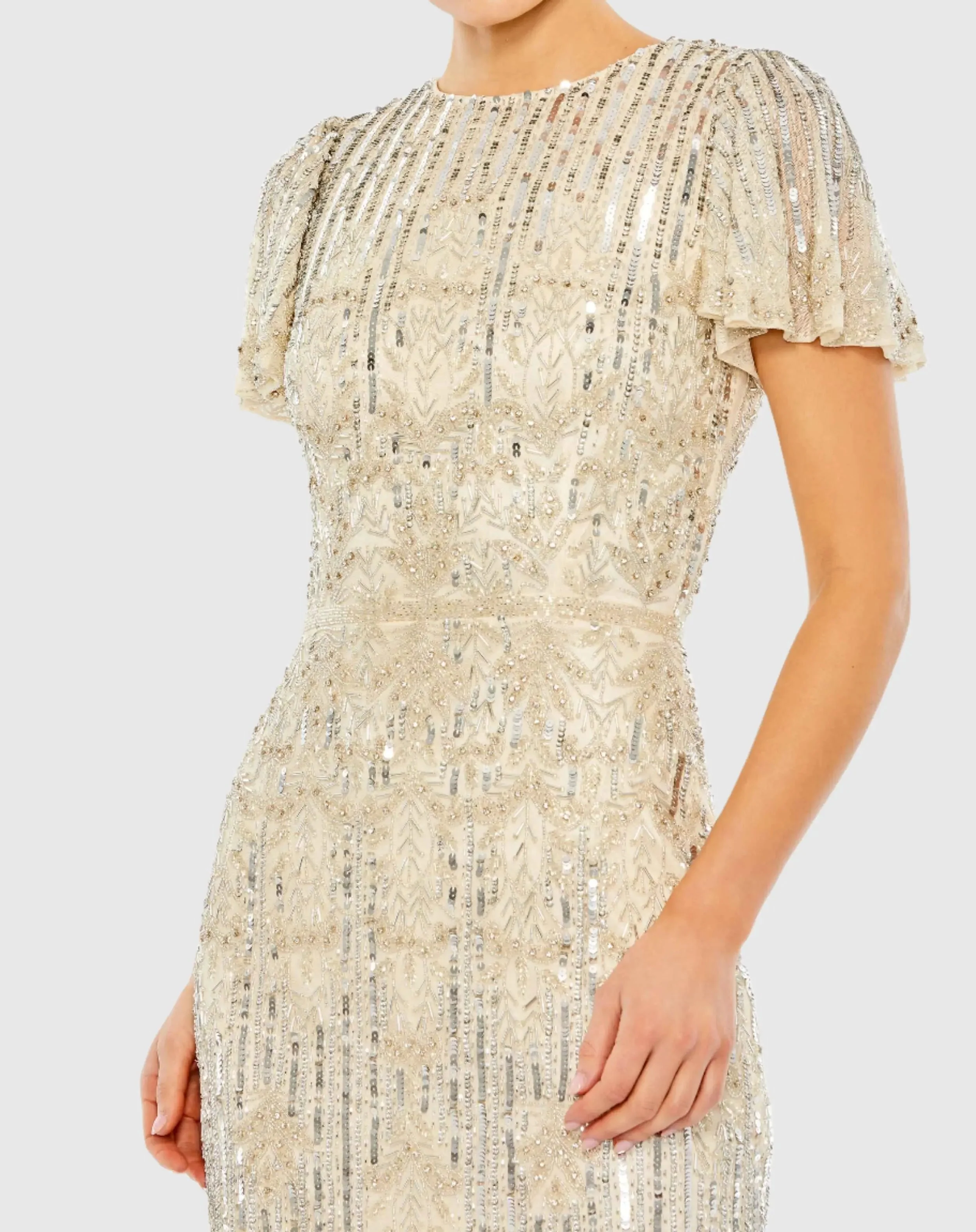 Beige and Silver Embellished Flutter Sleeve High Neck Dress