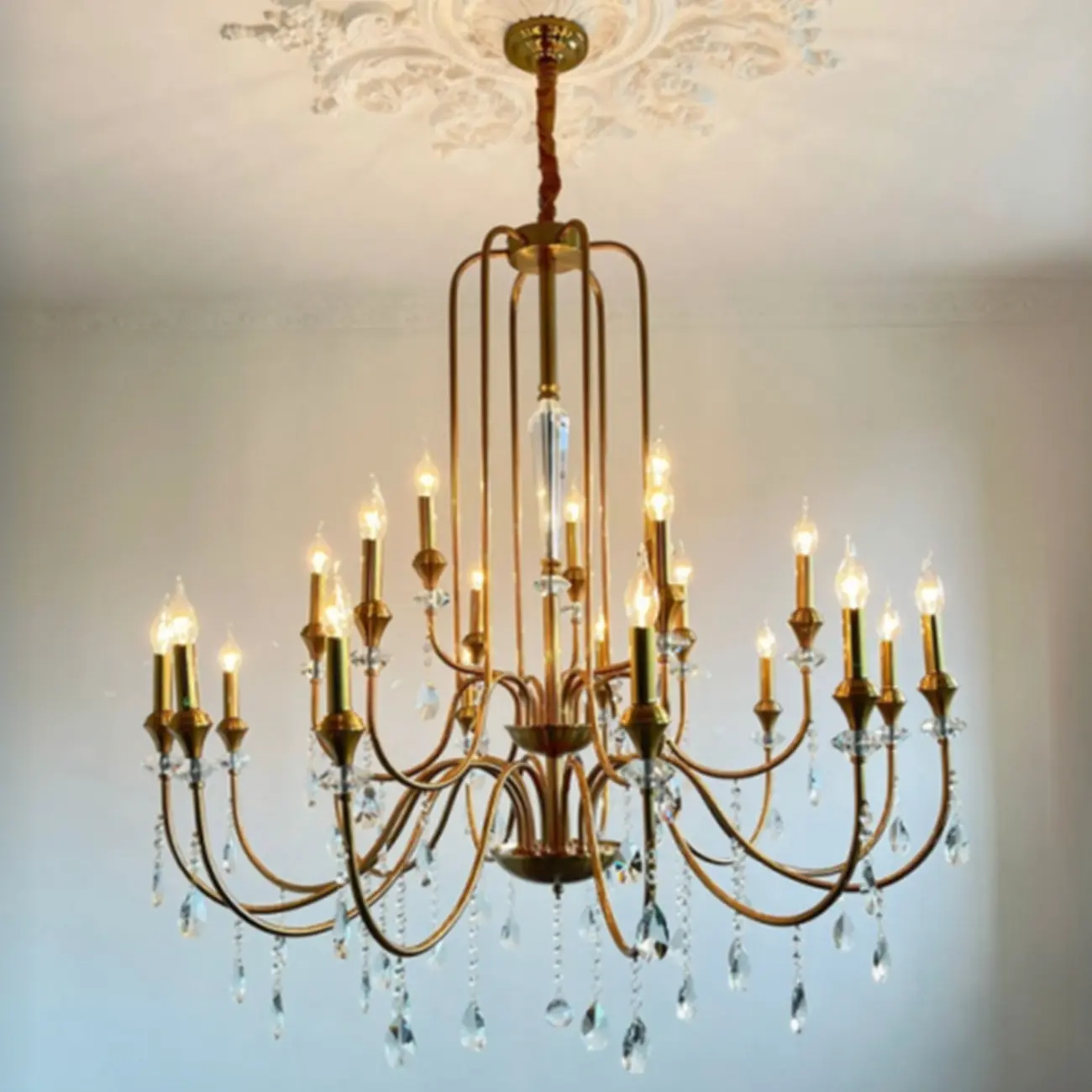 Metallic Alloy Hanging Gold Adjustable Crystal Chandelier