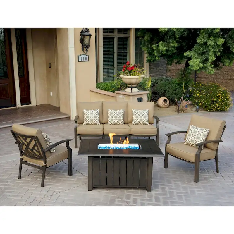 Brooklyn 4-Piece Patio Conversation Set with Cushions and 32 x 50  Rectangular Propane Fire Pit Coffee Table