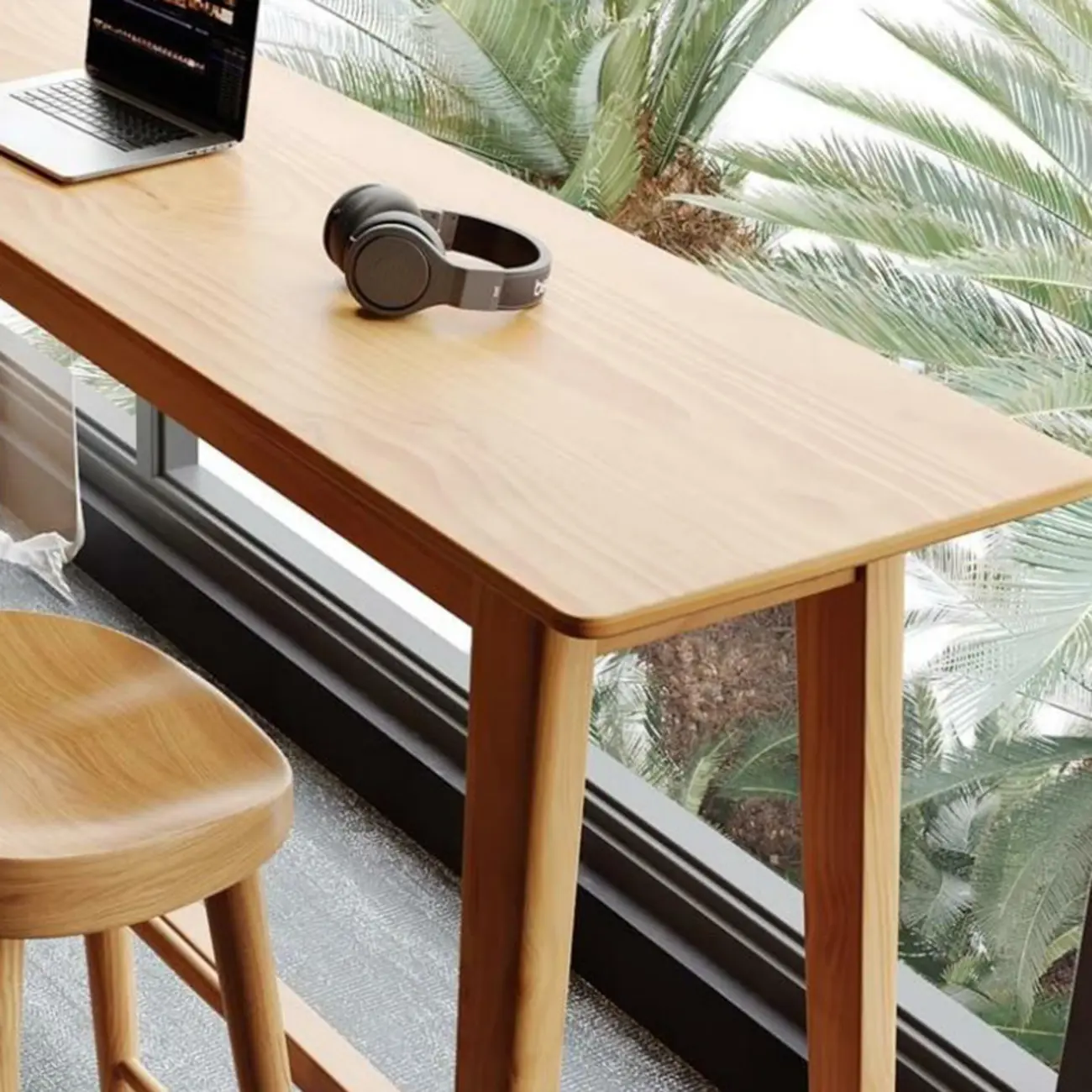 Natural Finish Wooden Bar Set with Table and Stools