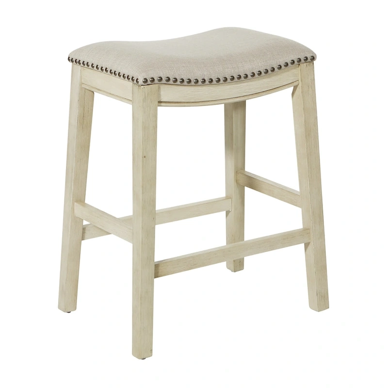 OSP Home Furnishings Metro Antique White and Beige Upholstered 24-inch Saddle Bar Stool (Set of 2)