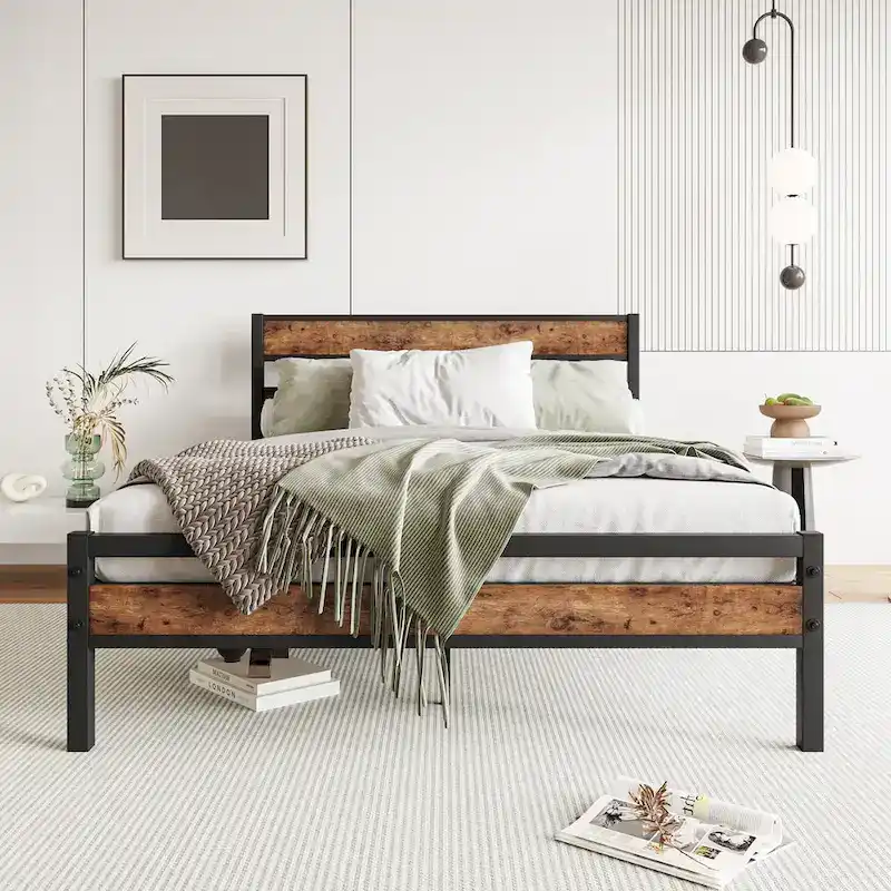 Full Size Black Metal and Rustic Wood Platform Bed