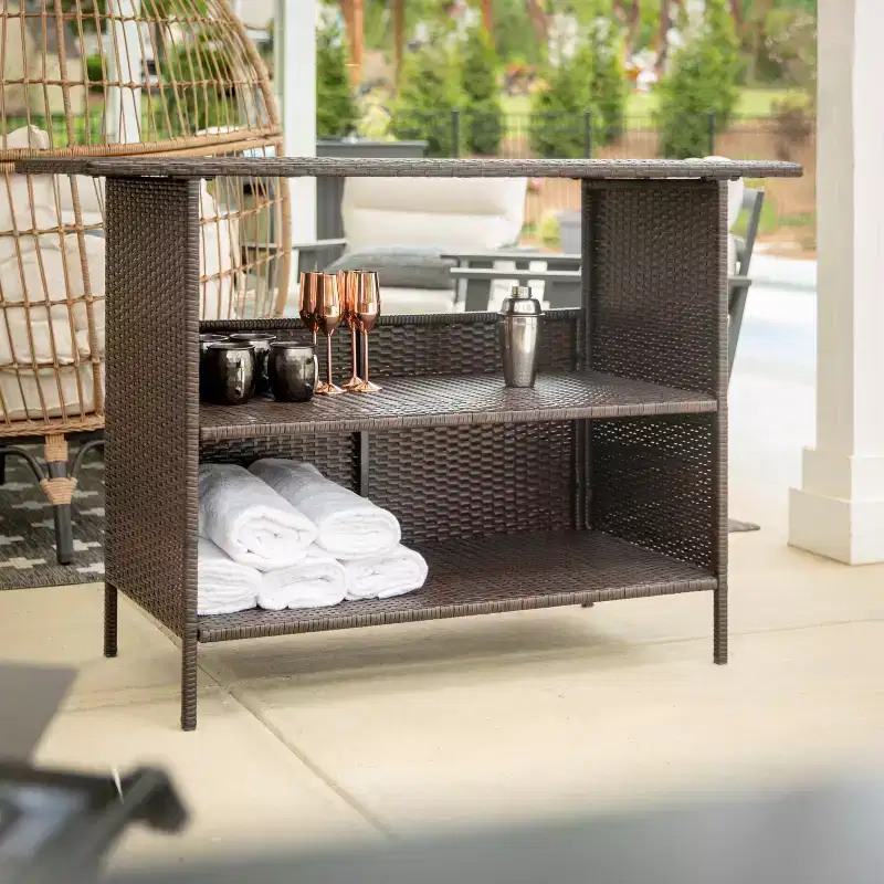 Flash Furniture Marco Indoor/Outdoor Patio Wicker Rattan Bar Counter Table with 2 Shelves