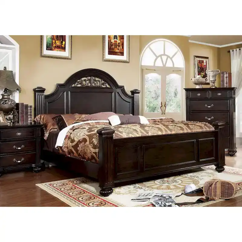 Dark Walnut Queen Four Poster Bed with Floral Carved Headboard & Fluted Posts – Traditional Style, Sleeps 1–2