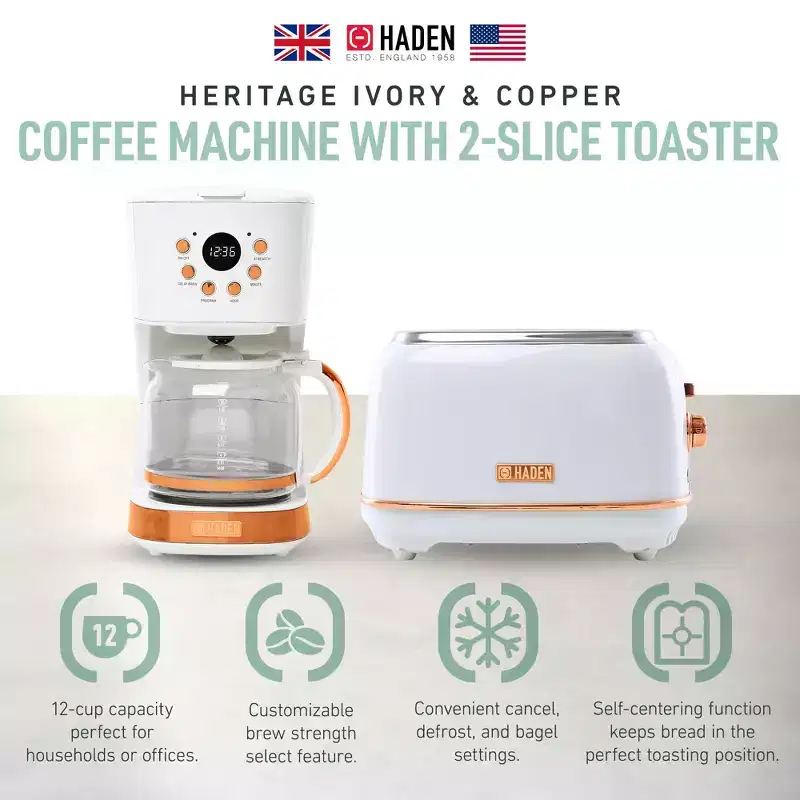 Haden Heritage 2 Slice Wide Slot Stainless Steel Toaster Bundled with 12 Cup Programmable Drip Coffee Maker Coffee Machine, Ivory  Copper
