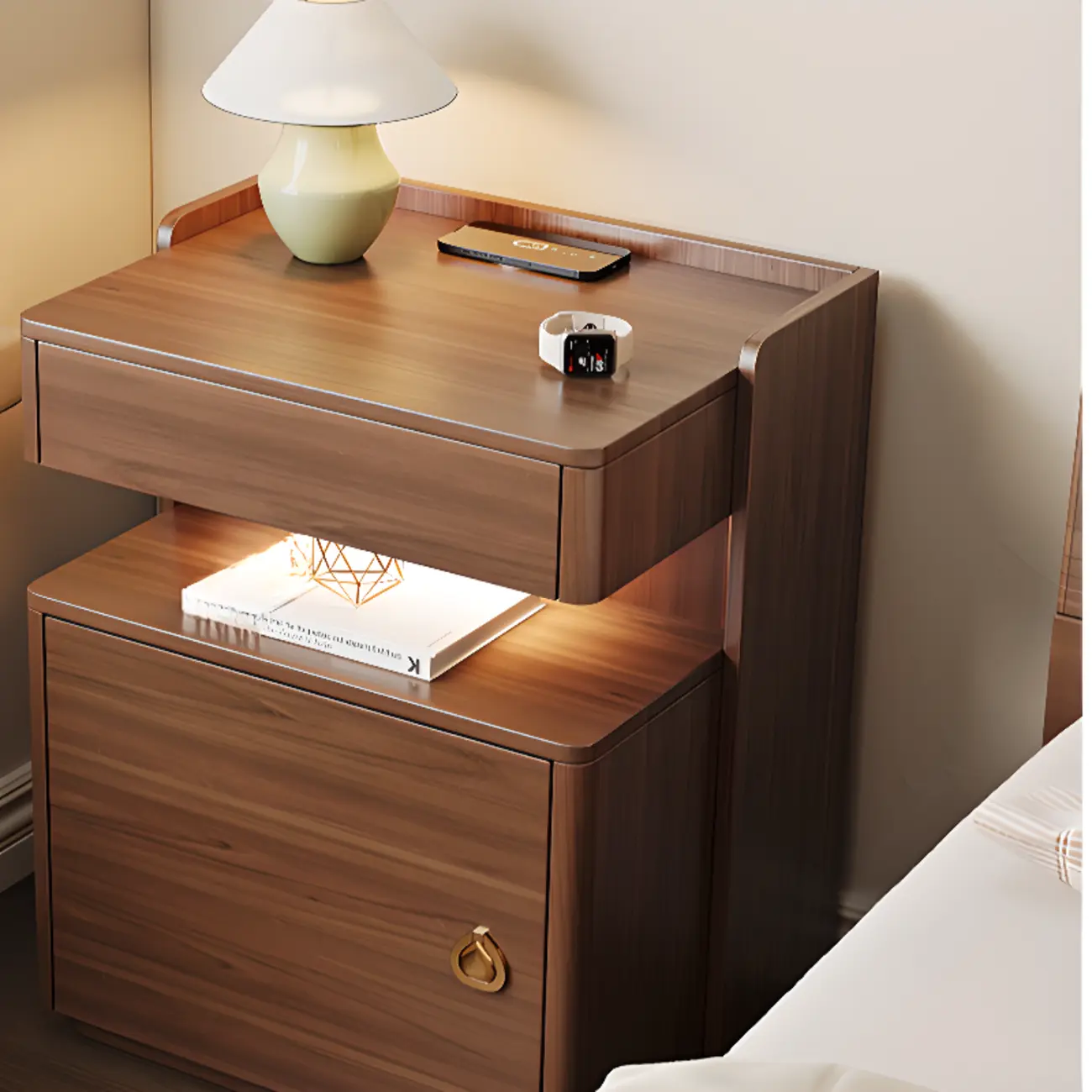 Multi-functional Nut-Brown Wood Lighting Smart Nightstand