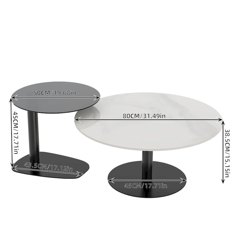 Set of 2 Modern Stacking Round Coffee Table Side Table Set with Slate Glass Top