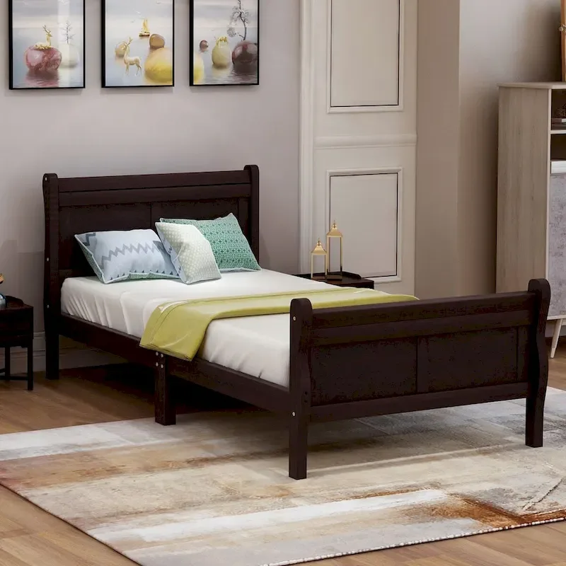 Espresso / White / Oak Solid Wood Sleigh Platform Bed with Headboard, Footboard & Wood Slats – 1 to 2-Sleeper
