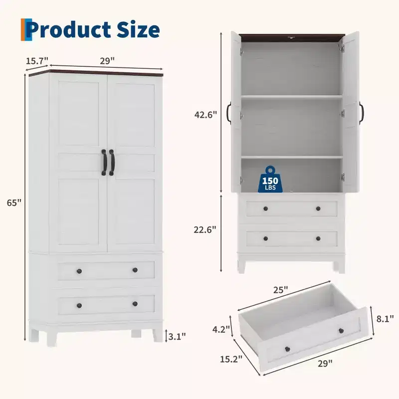 65 Tall Storage Cabinet with Adjustable Shelves, Farmhouse Wooden Pantry w/ 2 Doors & 2 Drawers, Freestanding Bookcases for Dining Room, Living Room
