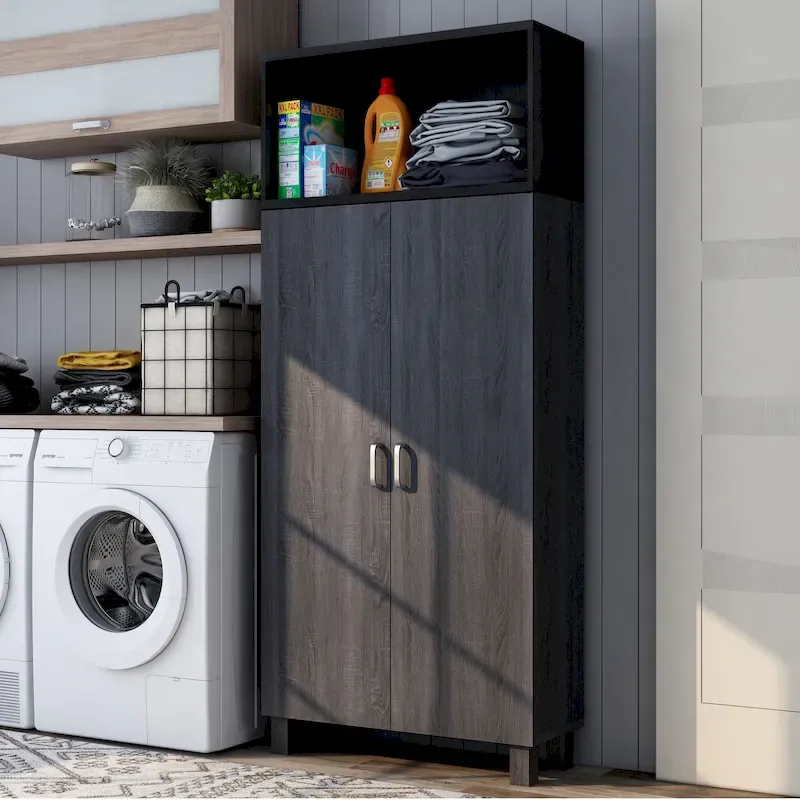 Double-Door Wood Armoire with 4 Shelves – Charcoal Grey / White Oak, Contemporary Style