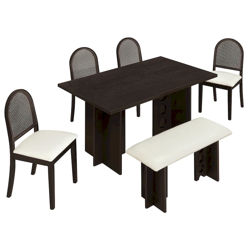Modern Double Pedestal 6-Piece Dining Table Set with 4 Dining Chairs & 1 Bench