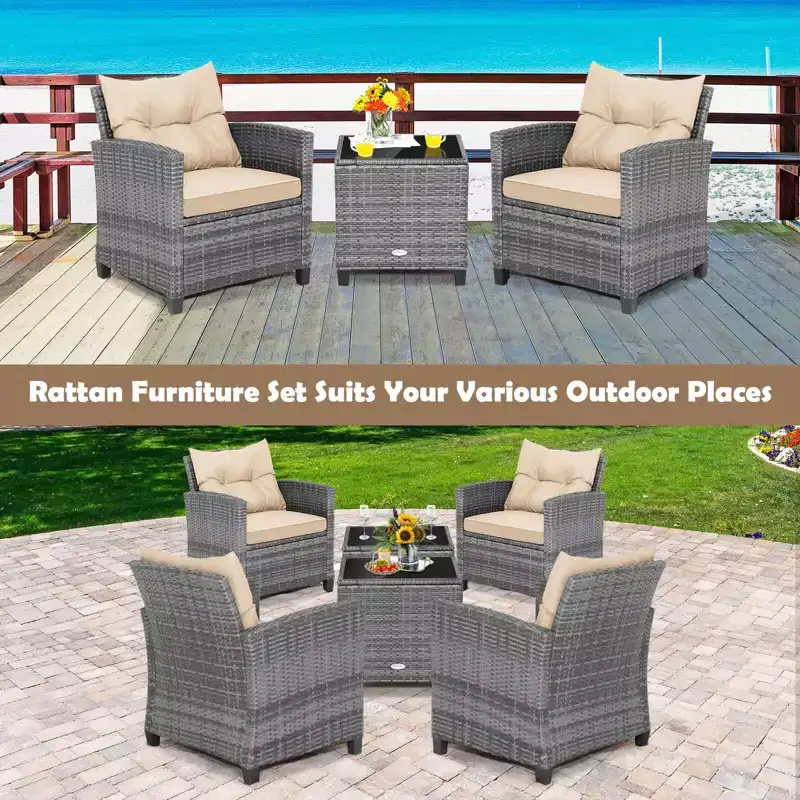 Costway 3PCS Patio Rattan Furniture Bistro Set Cushioned Sofas Side Table Armrest Red/Grey/Navy/Turquoise/Black