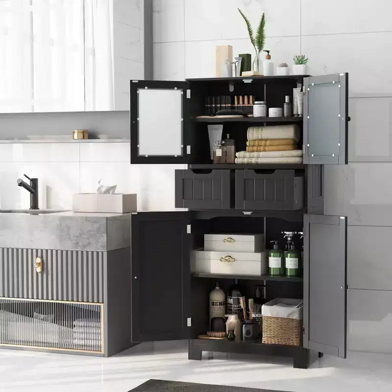 Costway Bathroom Floor Storage Cabinet Kitchen Cupboard with 2 Drawers & Glass Doors White/Gray/Black