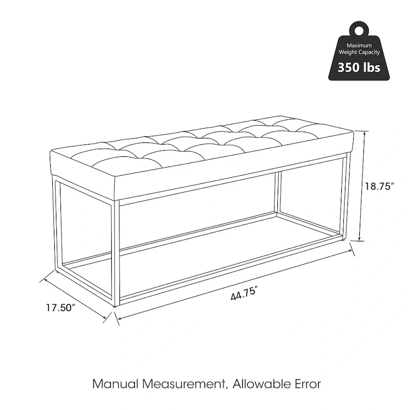 45W Modern Black Tufted Upholstered Bench with Metal Frame Legs - 45W x 19H x 17.5D
