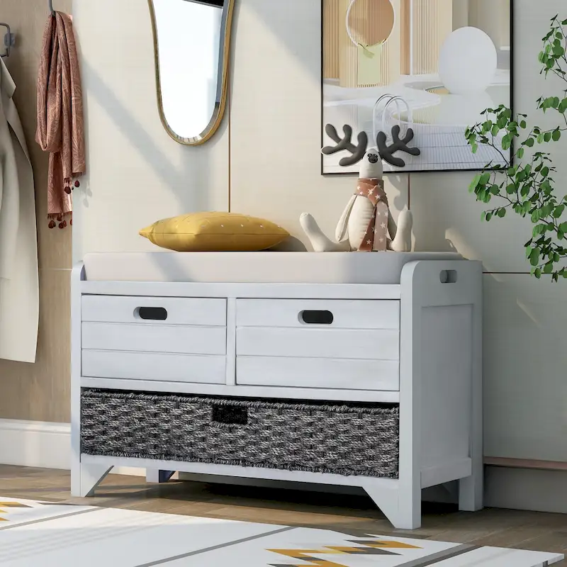 Storage Bench with Removable Basket and 2 Drawers - Acacia Wood