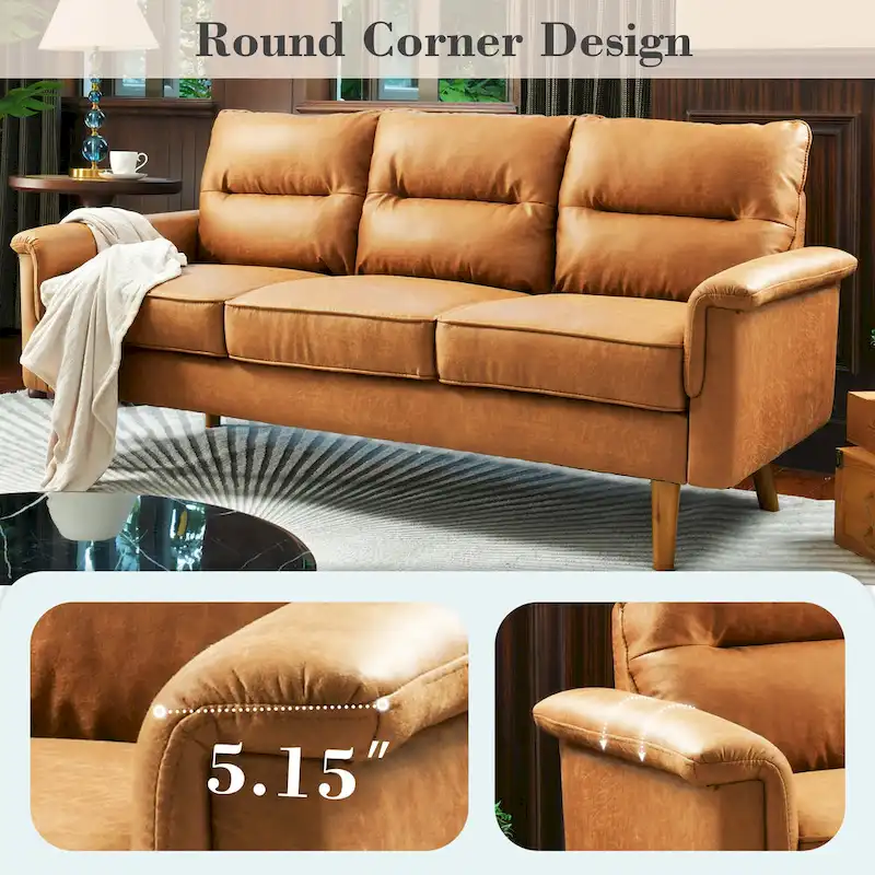 Brown Faux Leather 3-Seater Sofa with Wood Legs