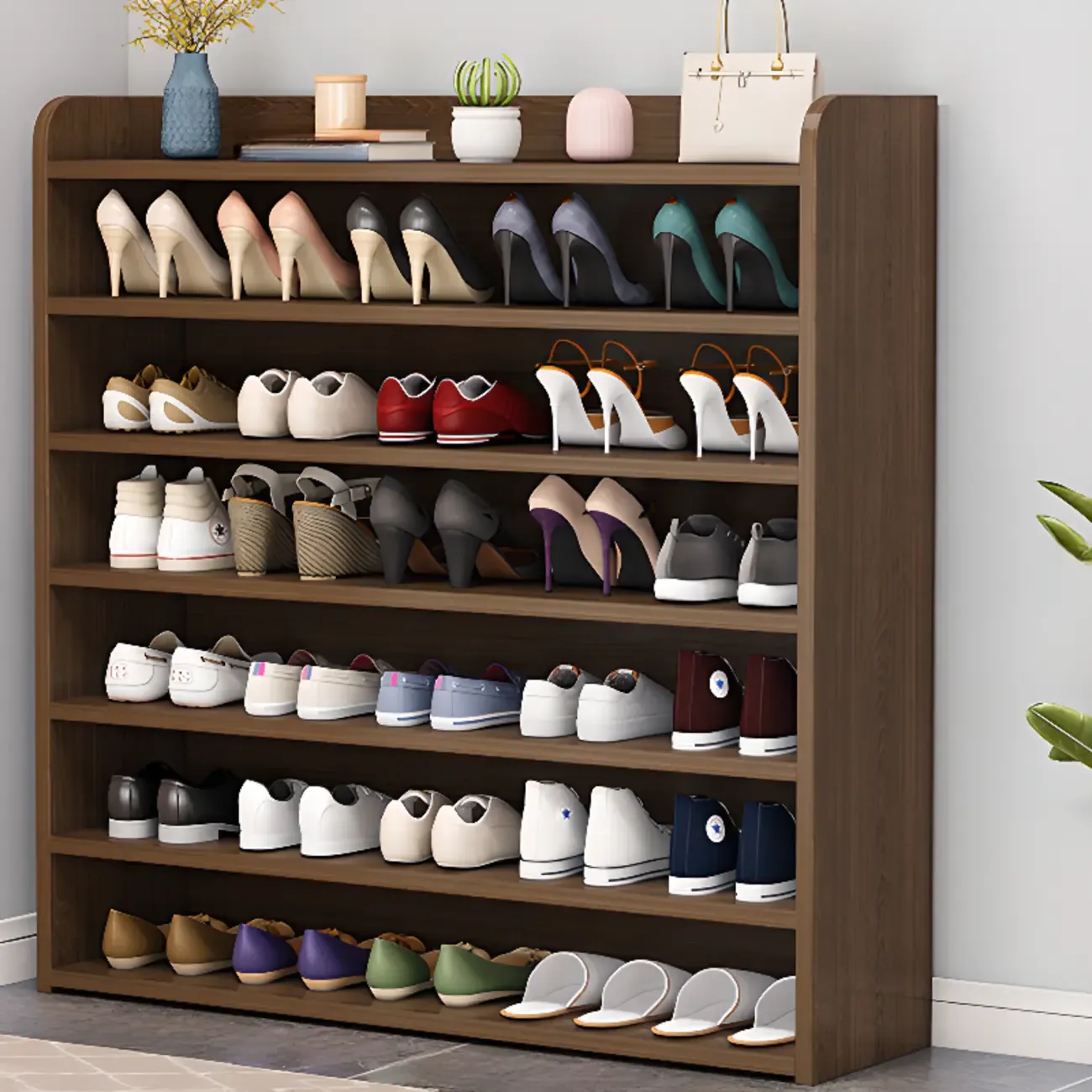 Vertical White Wooden Hallway 6-Tier Open Shoe Rack