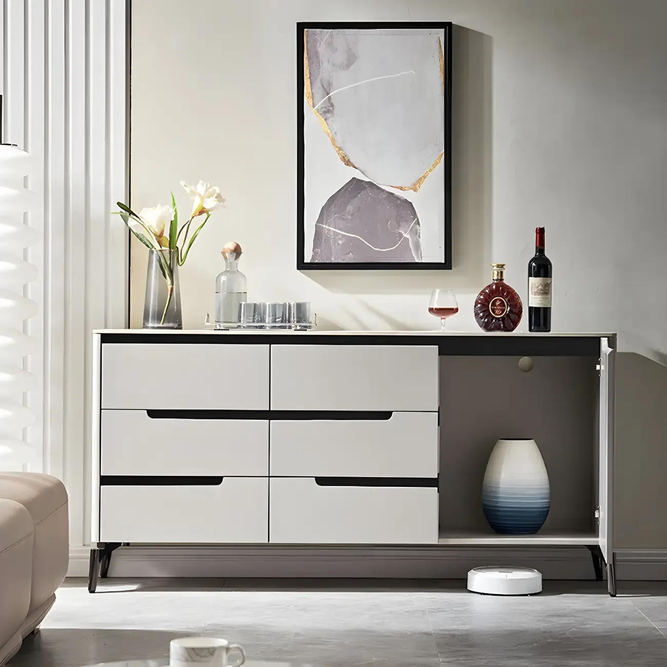Modern Stone Countertop Sideboard with Cabinets
