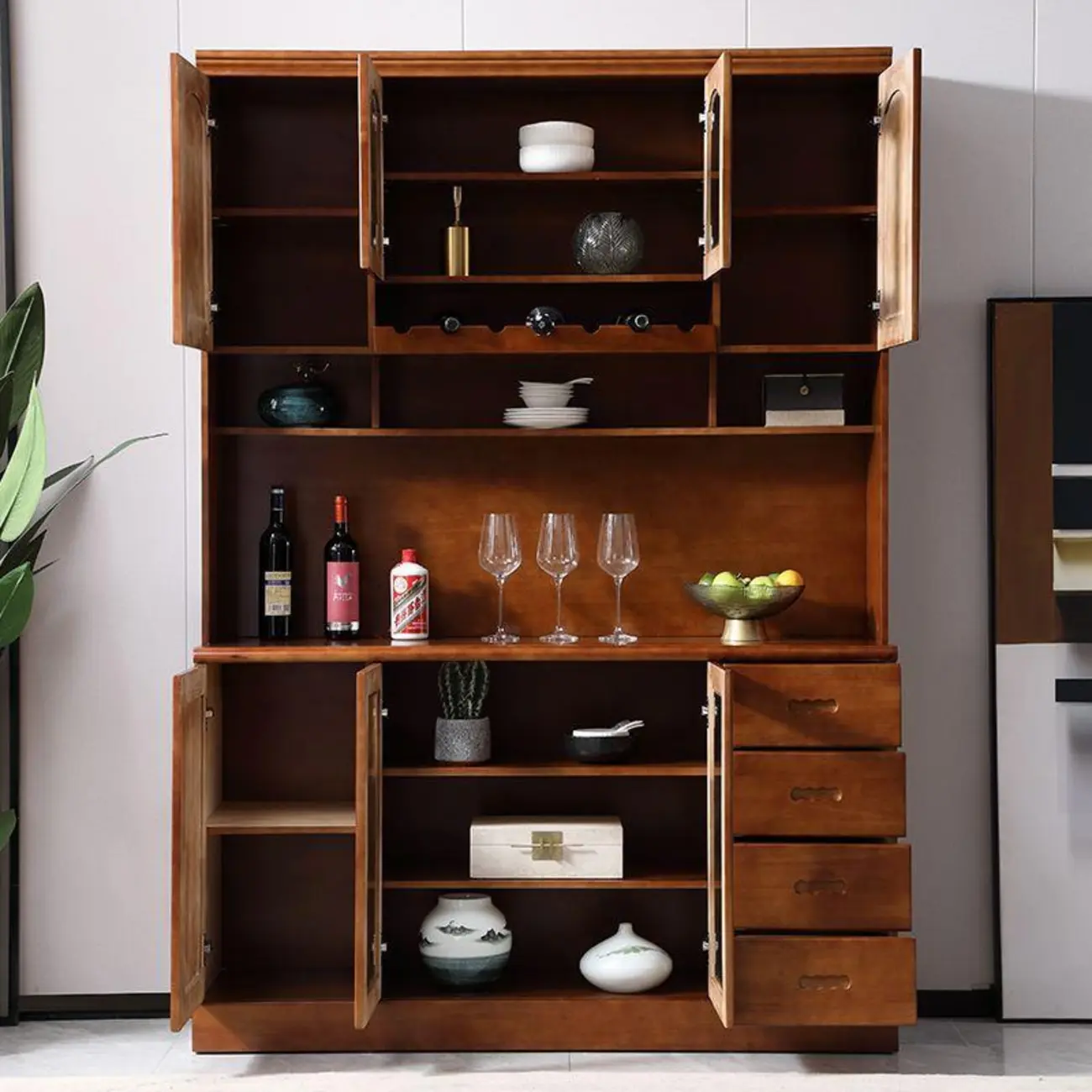 Kitchen Wooden White Cabinet Sideboard Built-in Wine Rack