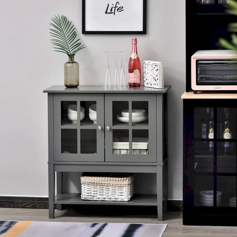 Modern Kitchen Credenza & Sideboard Buffet Cabinet with 2 Glass Doors