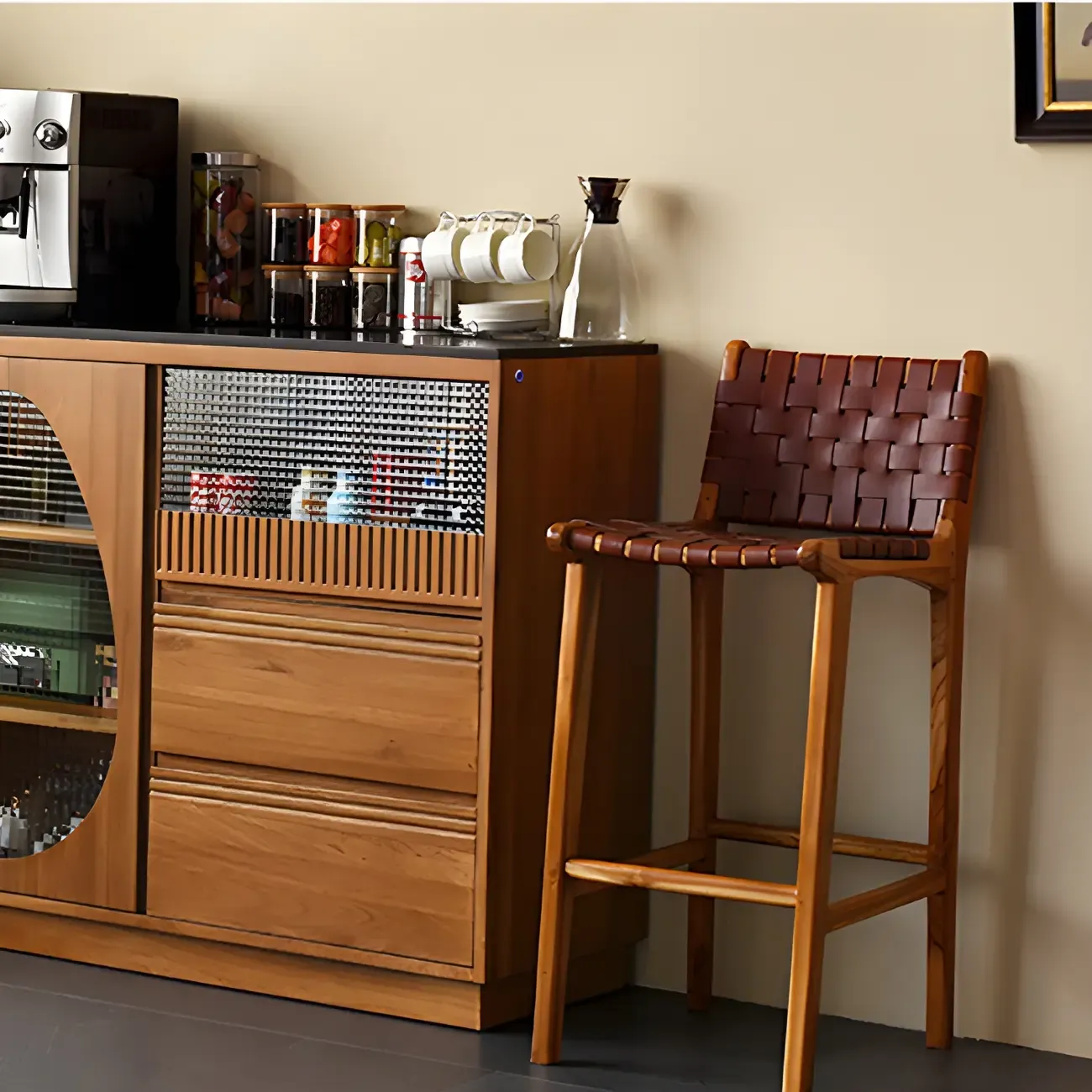 Rustic Reddish Brown Wooden Woven Bar Stool