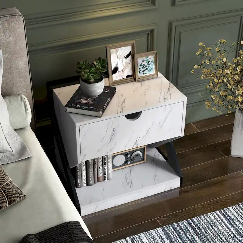 DH BASIC Modern White Faux Marble 1-Drawer Nightstand Side Table by Denhour