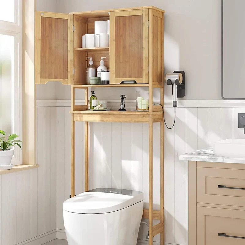 Bamboo Over-the-Toilet Storage Cabinet with Dual Doors & Open Shelf (23.1