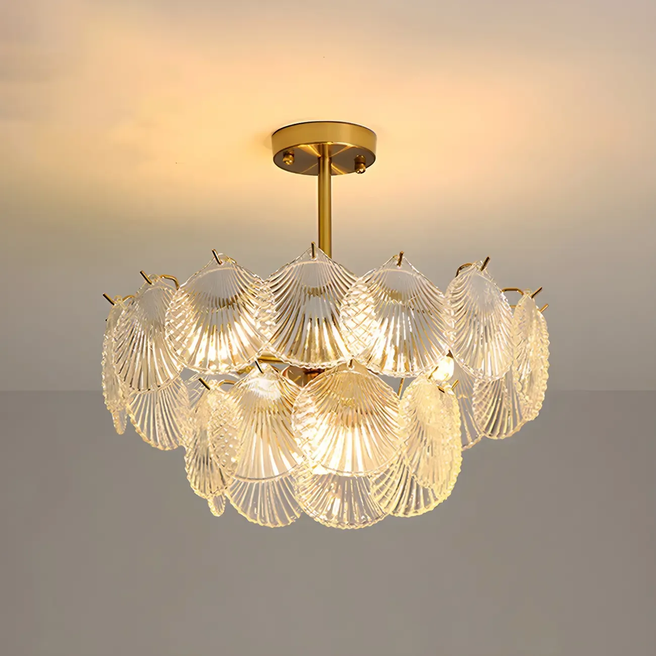 Adjustable Elegant Gold Unique Layered Scallop Glass Chandelier
