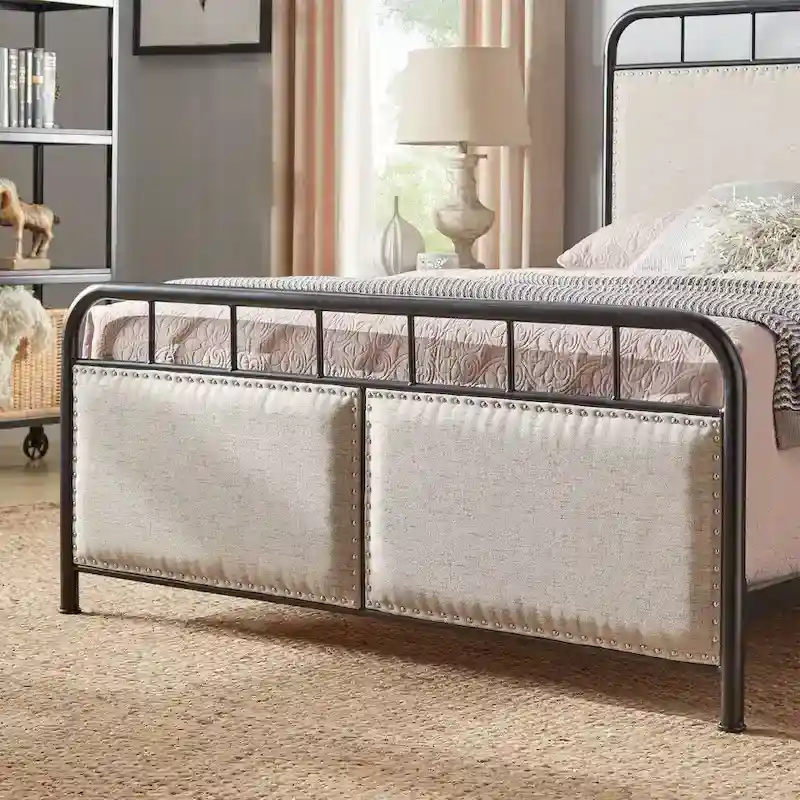 Bridgette Beige Upholstered Black Metal Queen Bed by iNSPIRE Q Classic