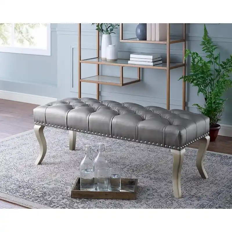 Silver / Grey Tufted Upholstered Bench with Nailhead Trim & Queen Anne Legs - Fits 2 People