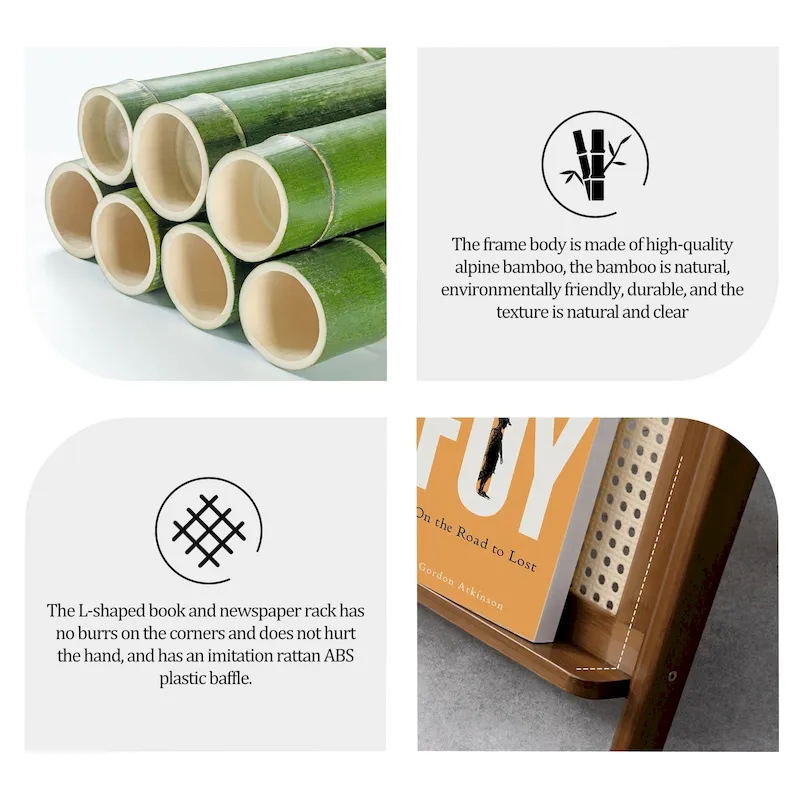 Bamboo Glass Top Side Table Accent End Table with Magazine Rack