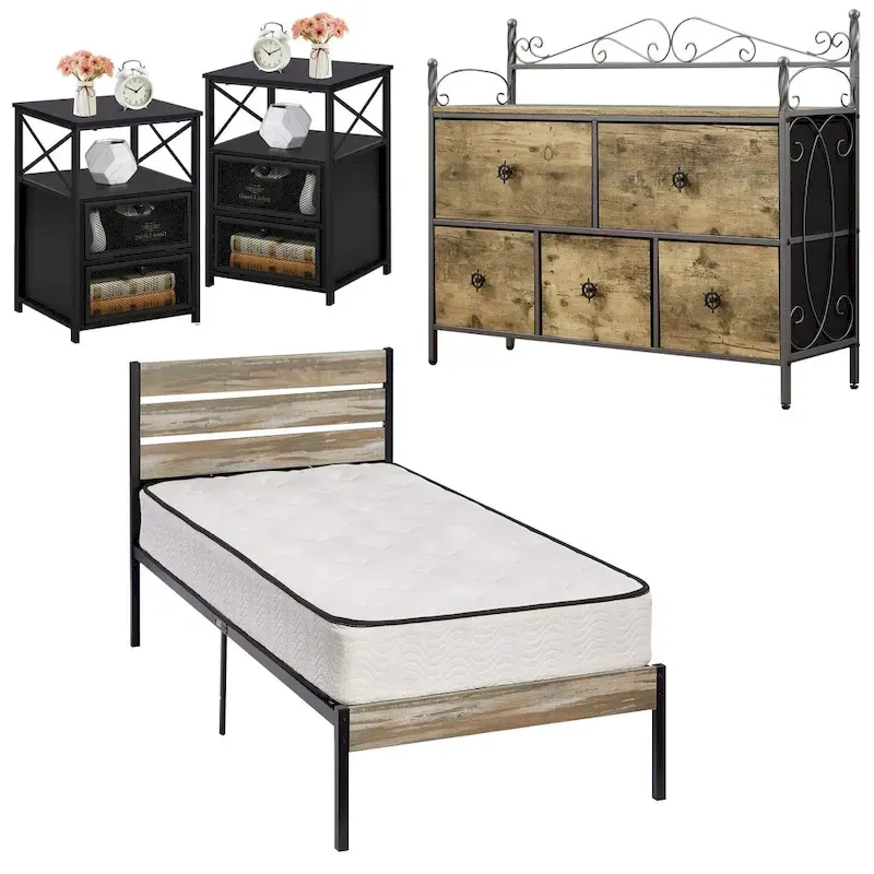 4-Pieces Bedroom Set with Drawer and Nightstands Set of 2, 5-Drawer Dresser, Brown/Grey Set