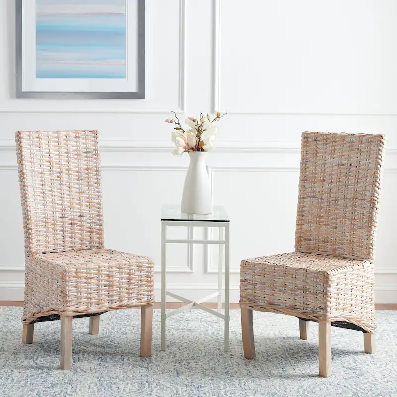 Natural High-Back Armless Rattan Dining Chair, Set of 2