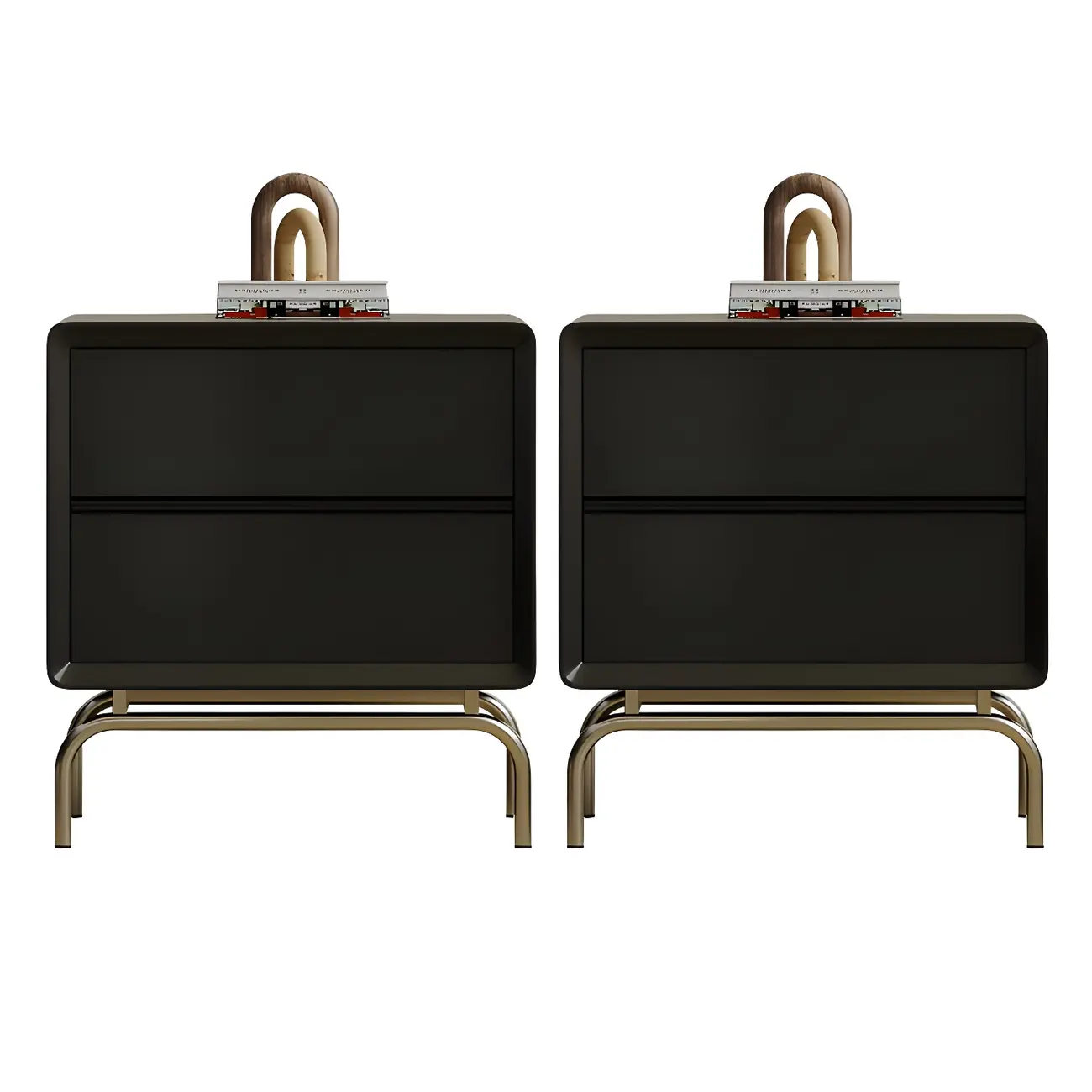 Classic Black Wood 2 Drawers Nightstand with Silver Metal Base