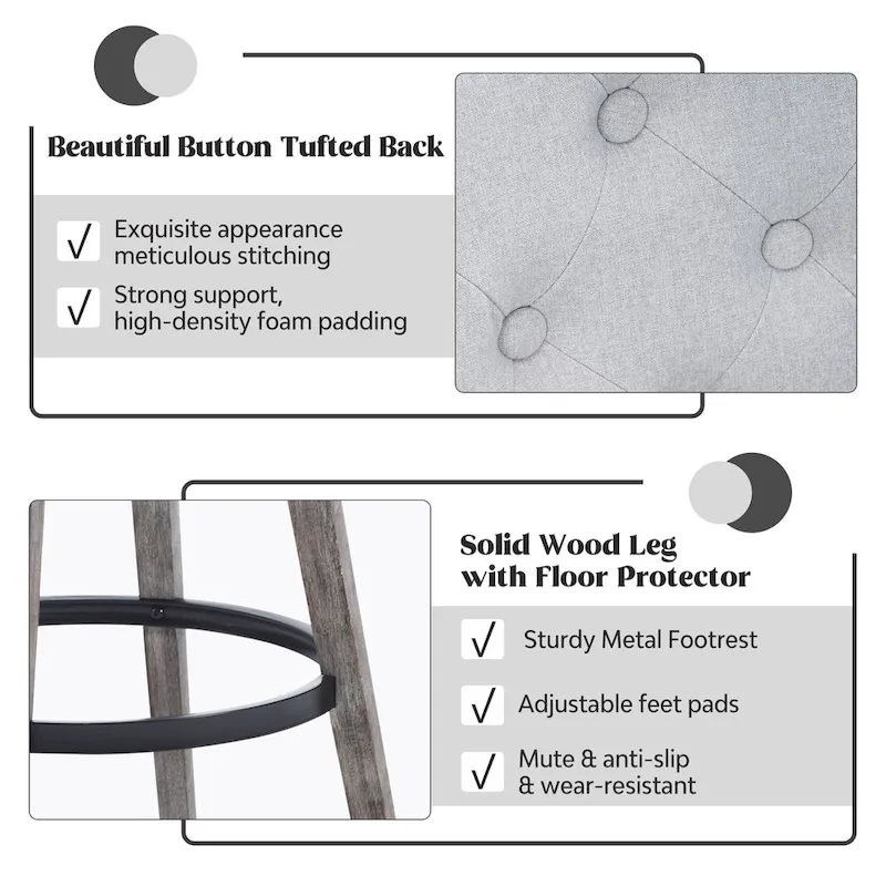 HOMYKA Tufted Swivel Bar Stool with Wood Grain Chair Legs Set of 2