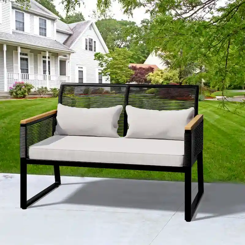 Outdoor Patio Sofa Beige Soft Cloud Cushions with Strong Black Metal Furniture - 28Lx 45.3W x 30.7H