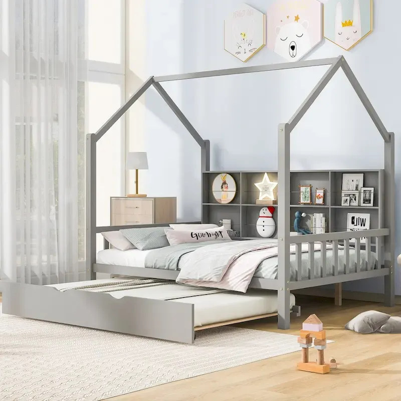 Full Size House-Shaped Day Bed, Pitched Roof, Trundle, Back Shelf, 10 Slats, Pine & MDF, Gray / White / Pink, 1-Person Use