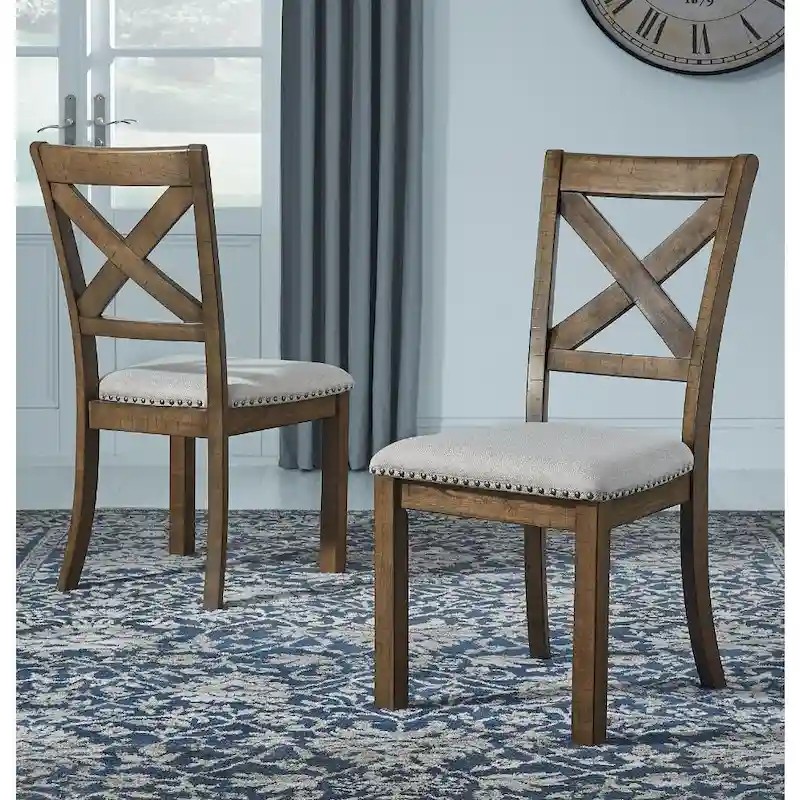 Beige Upholstered Cross-Back Dining Side Chairs, Nutmeg Finish, Set of 2