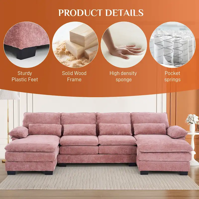 Soft Chenille Fabric U-Shaped Sectional Sofa with Double Layer Cushion