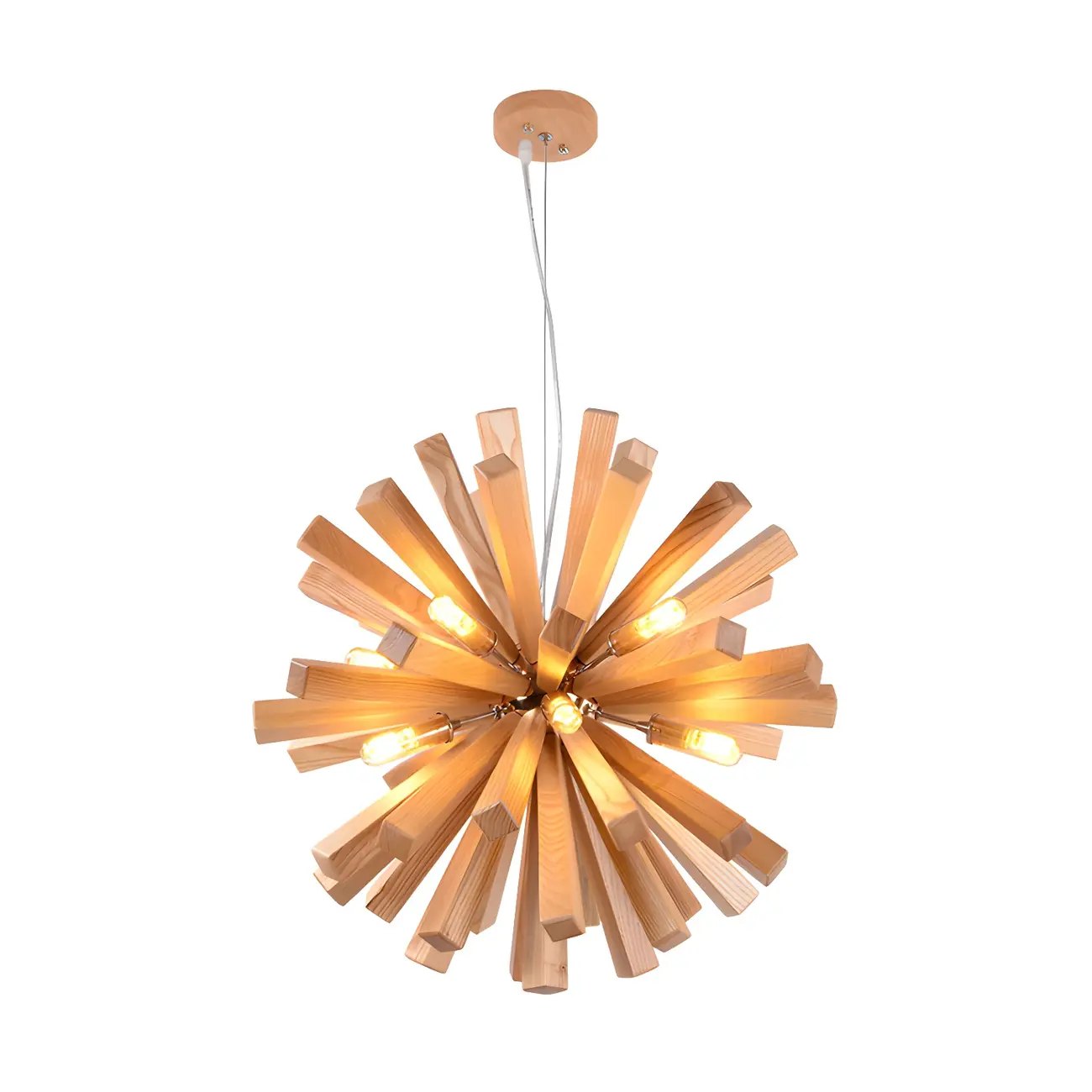 Mid-Century Modern Wood Starburst Chandelier Warm Light